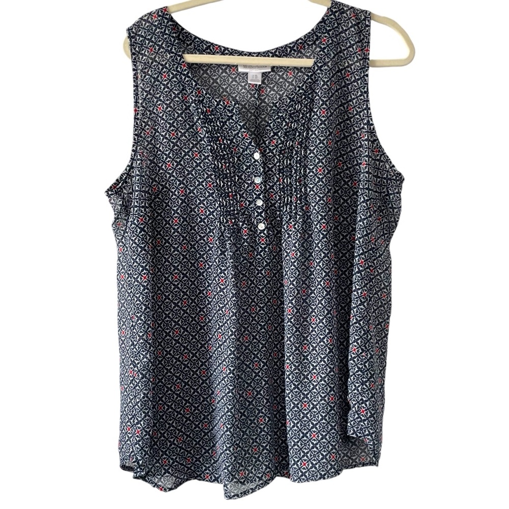 Motherhood Maternity Sleeveless Blouse Size XL Flowy Blue Red White Geometric